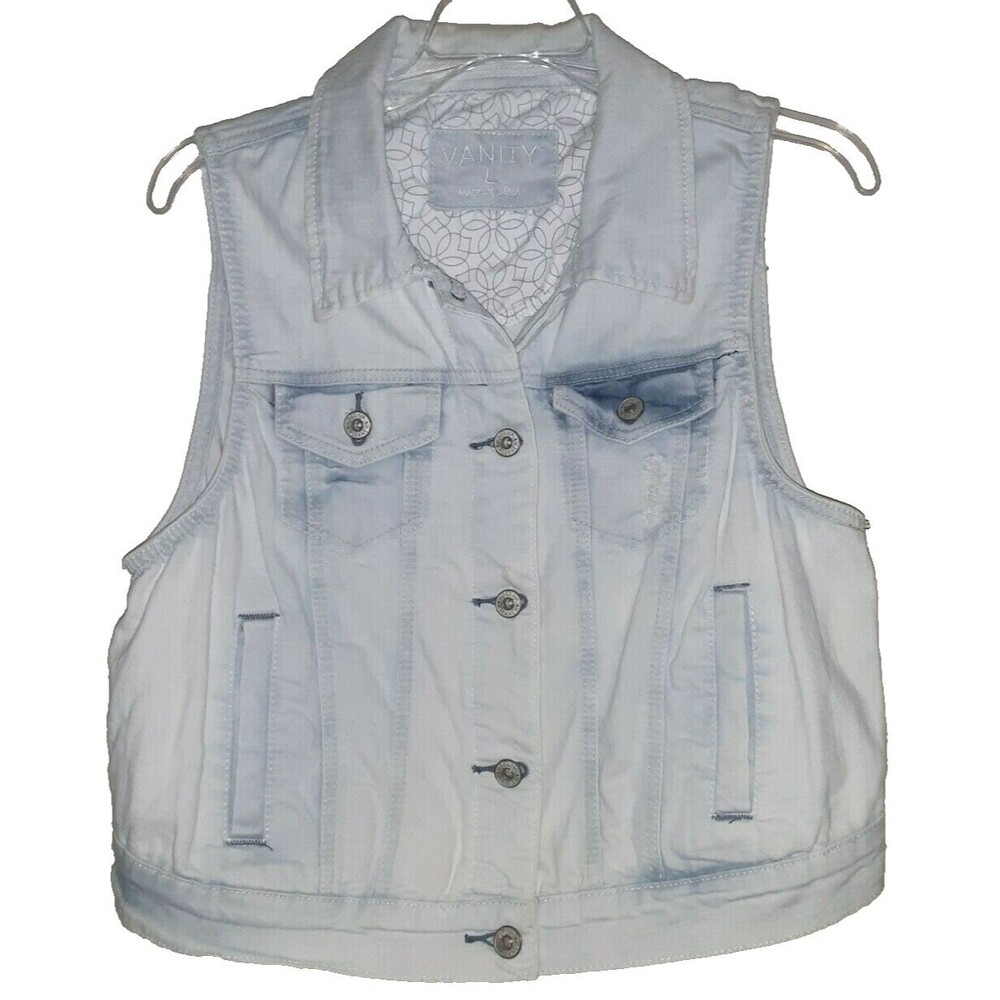 Vanity Blue Light Wash Distressed Denim Vest Size Women's Juniors Large